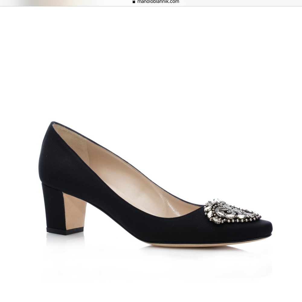 Manolo Blahnik Black Crepe de Chine Crystal Pumps